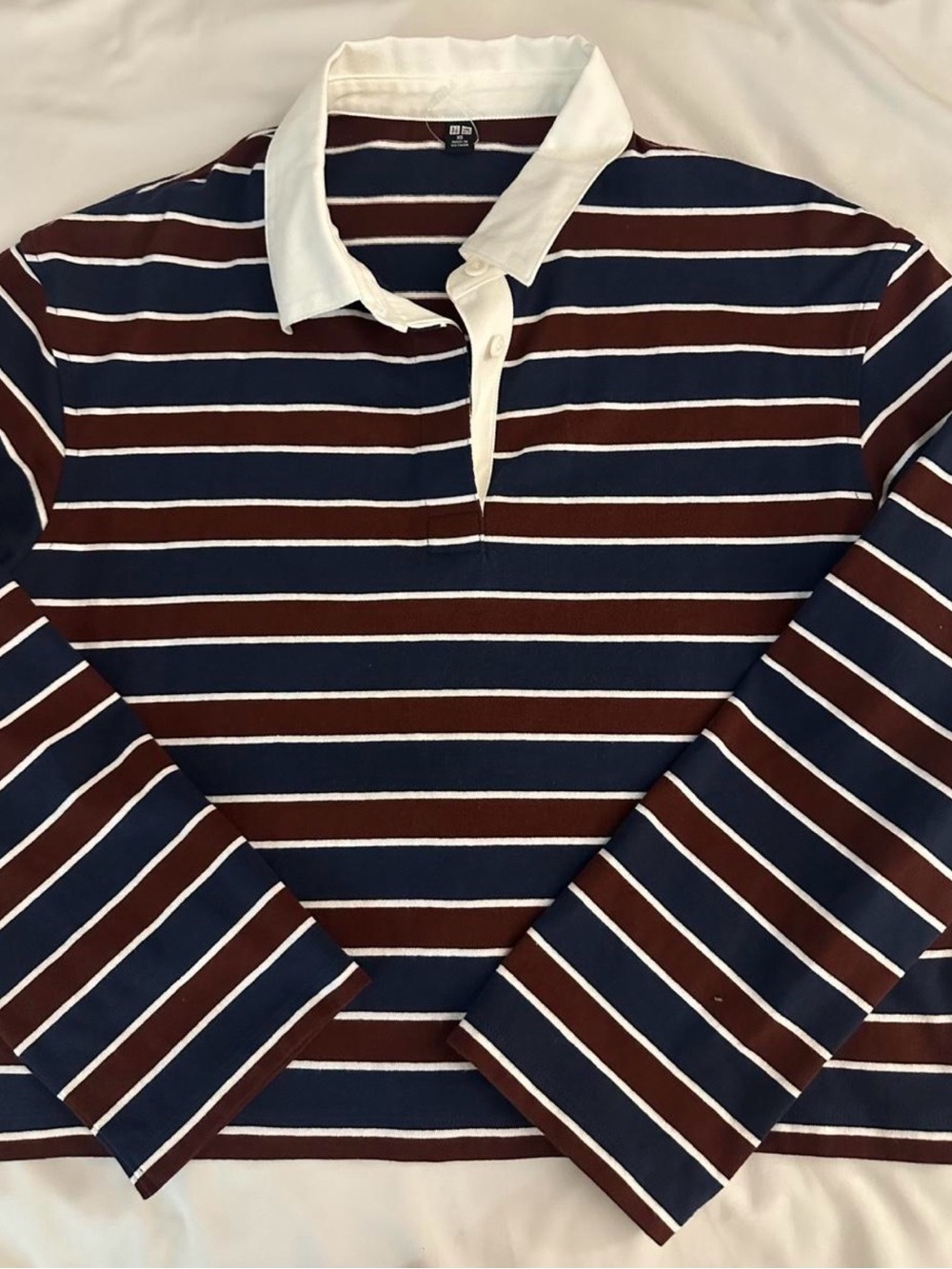 Uniqlo Long-Sleeve Striped Polo in Navy, Brown & White
